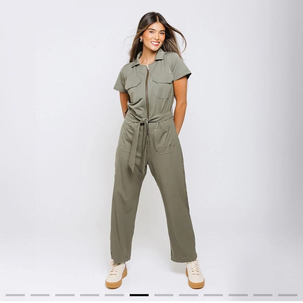 Albion Womens City Jumpsuit olive short sleeve crop summer cropped zip up zipper